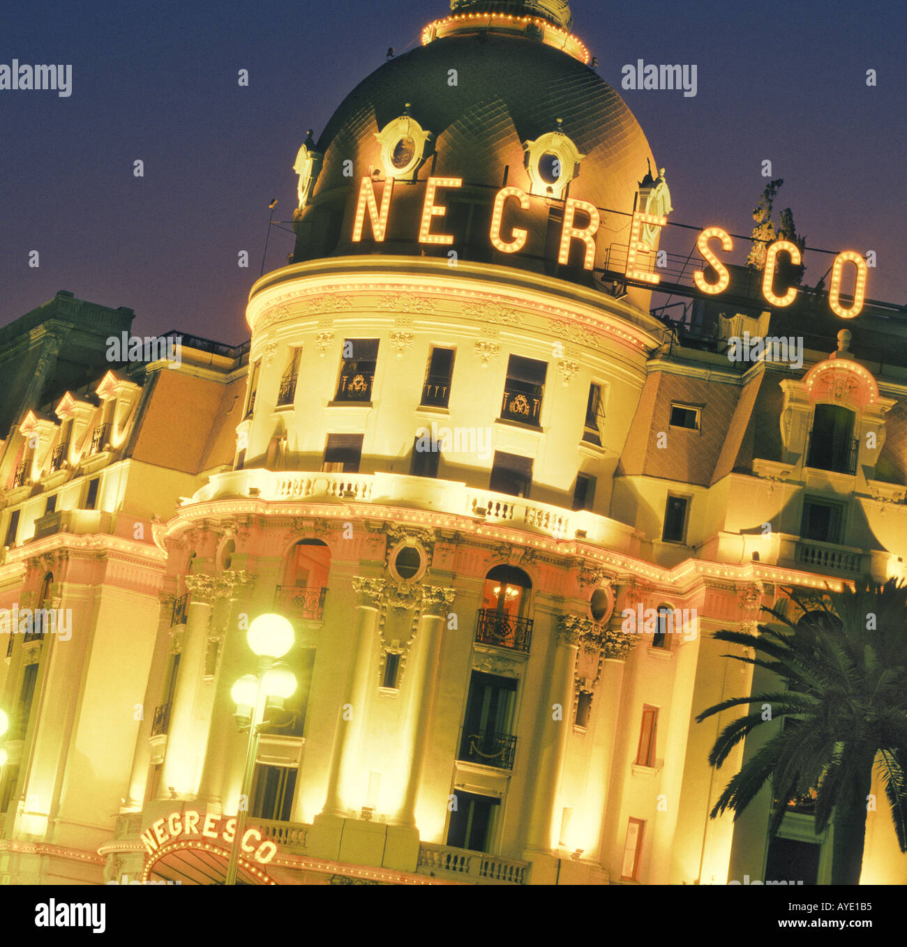 Nice French Riviera La Cote D Azur France Hotel Negresco at night Stock Photo