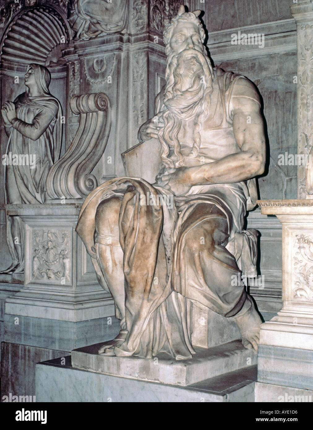 Rome Italy Statue of Moses Receiving Ten Commandments by Michelangelo Buonarroti in San Pietro in Vincoli church Stock Photo