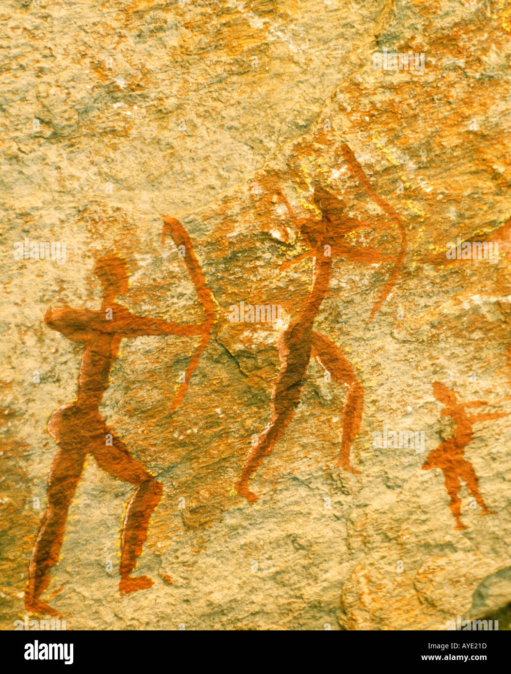 South Africa Bushman rock painting of hunters with bows and arrows Stock Photo