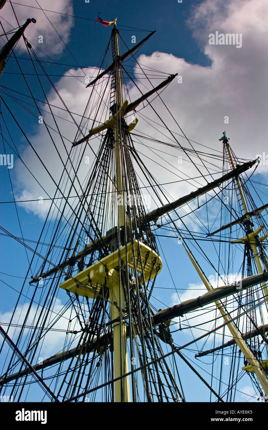 Rigging for sails on the Tall Ship replica Friendship Stock Photo