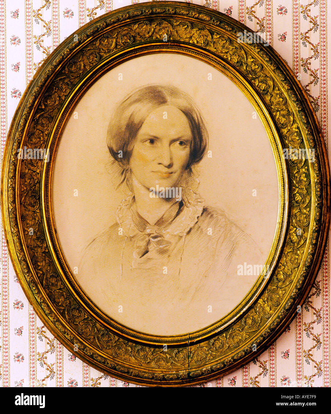 Portrait of Charlotte Bronte, author of Victorian novel Jane Eyre, in her parsonage home in West Yorkshire village of Haworth. Stock Photo