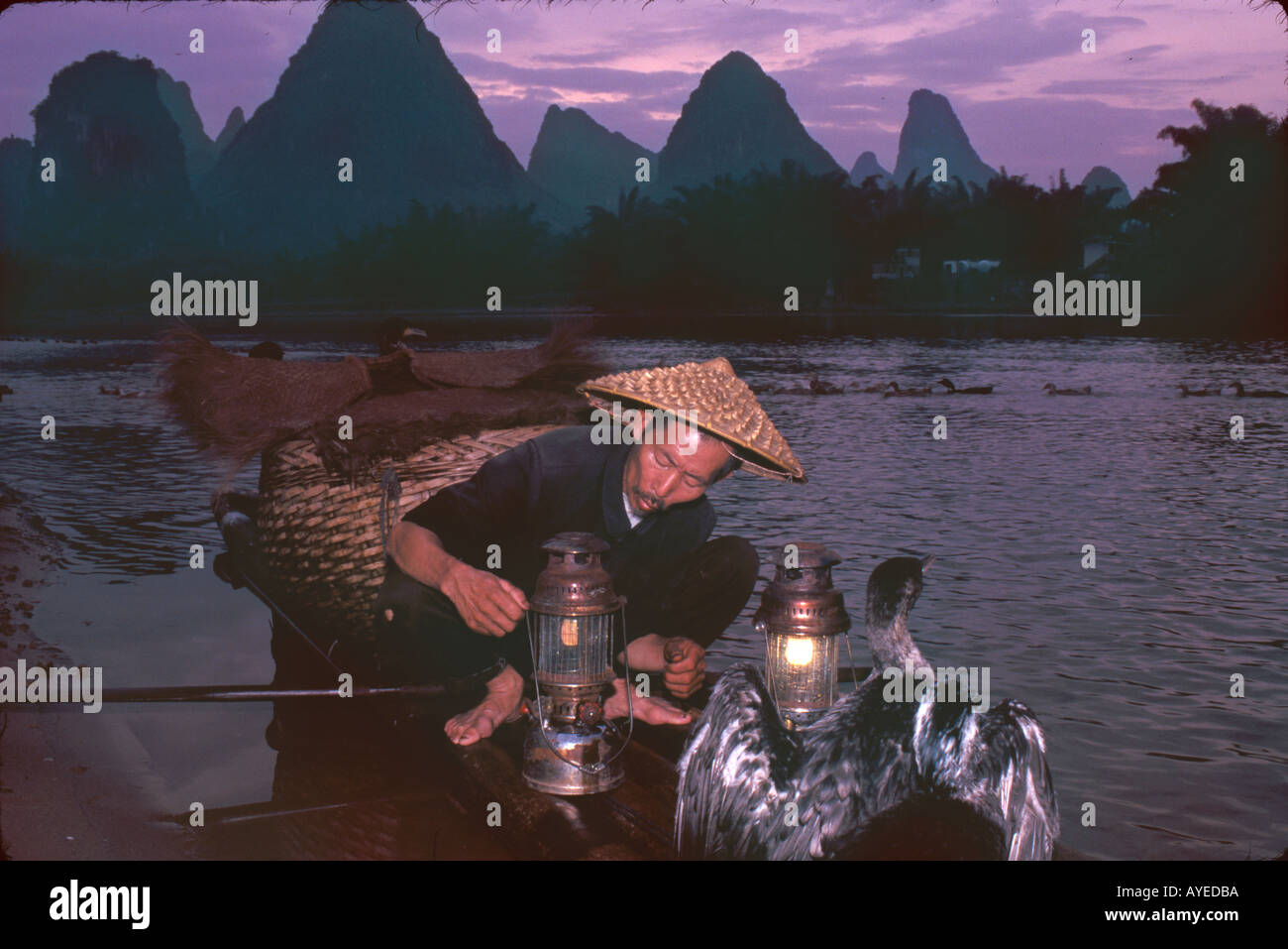 Fisherman night fishing with cormorants on bamboo raft on Li River Guangxi Province China Stock Photo