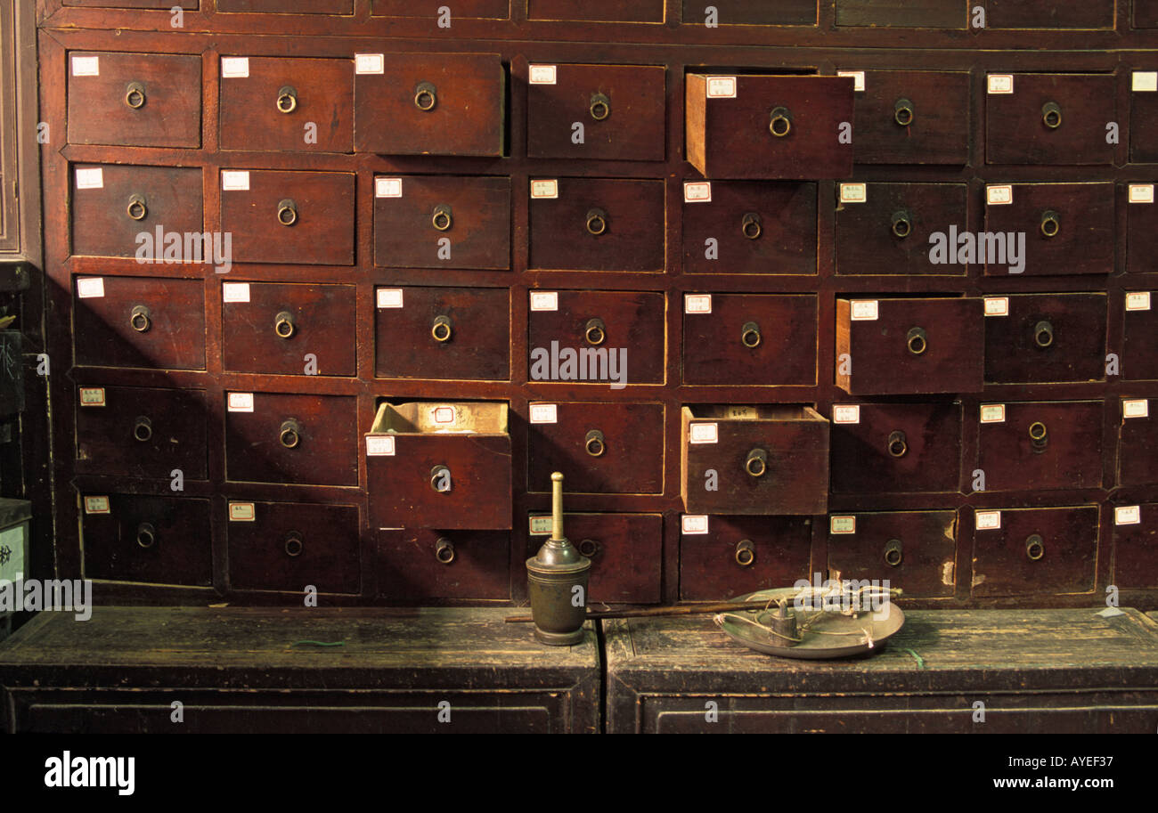 Traditional Chinese medicine pharmacy drawers storing herbal medicine