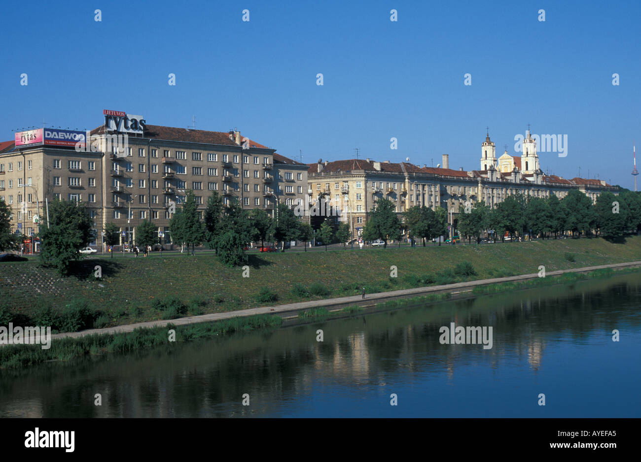 Lithuania Vilnius Soviet era apartment blocks and the River Neris Stock