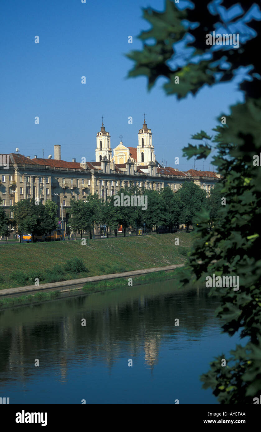 Lithuania Vilnius Soviet era apartment blocks and the River Neris Stock