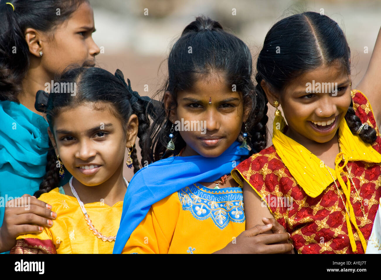 Indian Girls at Brihadishwara Hindu Temple in Thanjavur South India Stock Photo