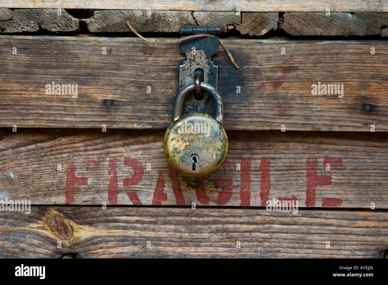 Locked Wooden Crate Marked Fragile at the Thanjavur Royal Palace in Thanjavur South India Stock Photo