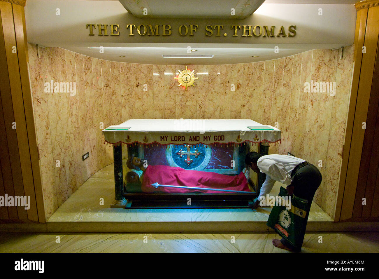 Christian Indian Man at Tomb of St Thomas in Saint Thomas Basilica in Chennai South India Stock Photo