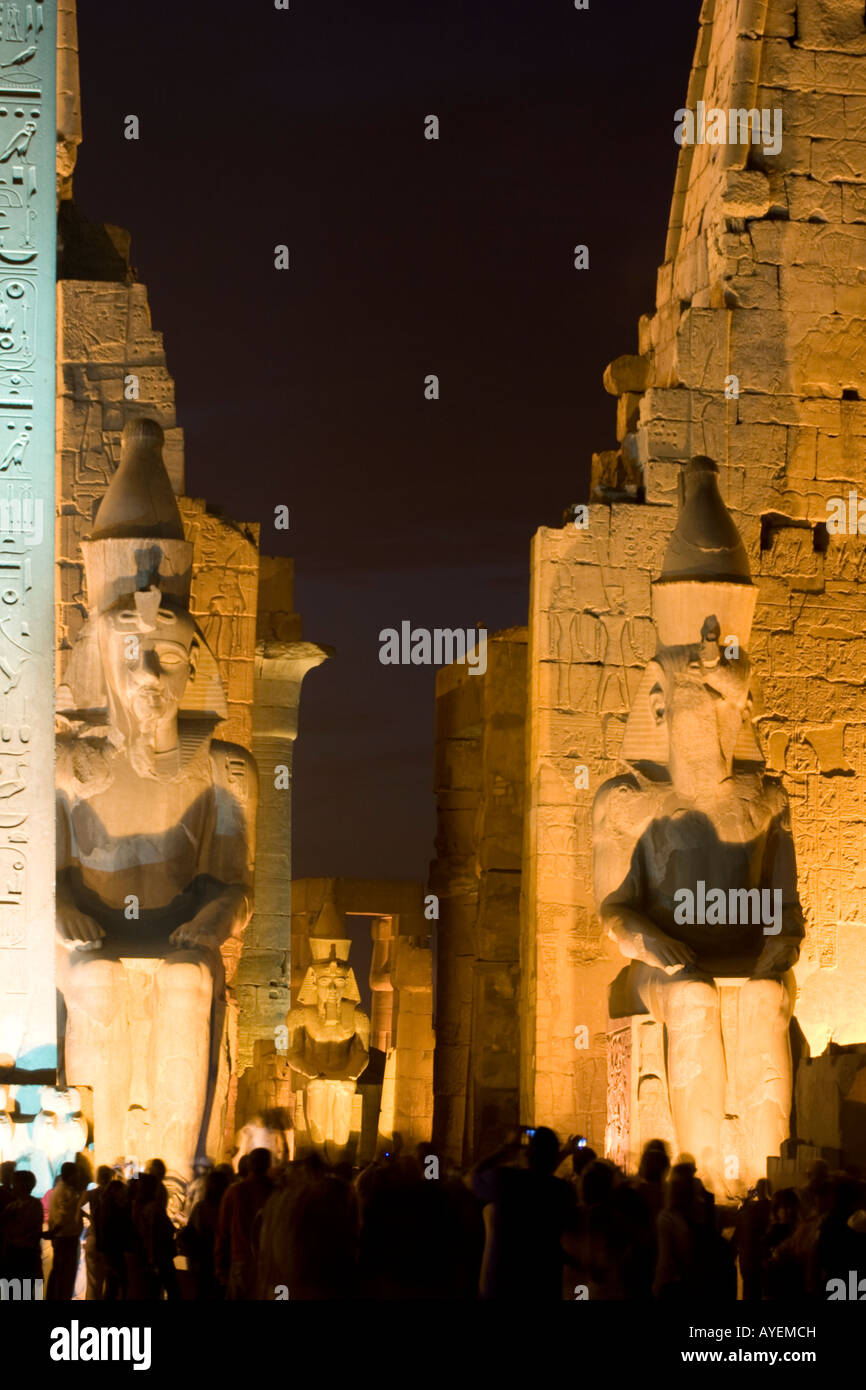 First pylon main entrance with two statues of Ramses II Luxor temple at ...