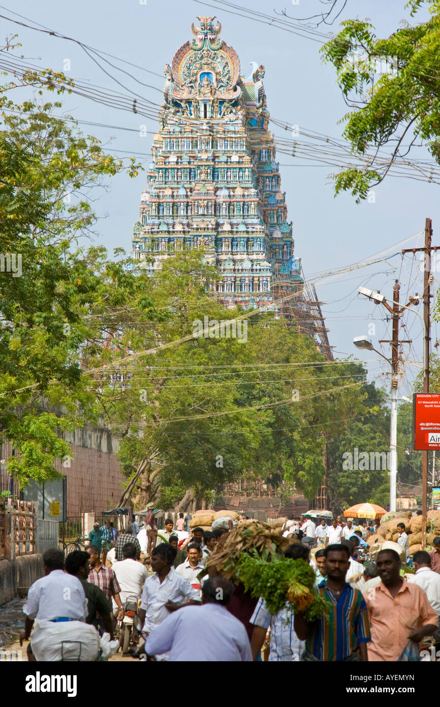 Crowded Road Outside Sri Meenakshi Hindu Temple in Madurai South India Stock Photo