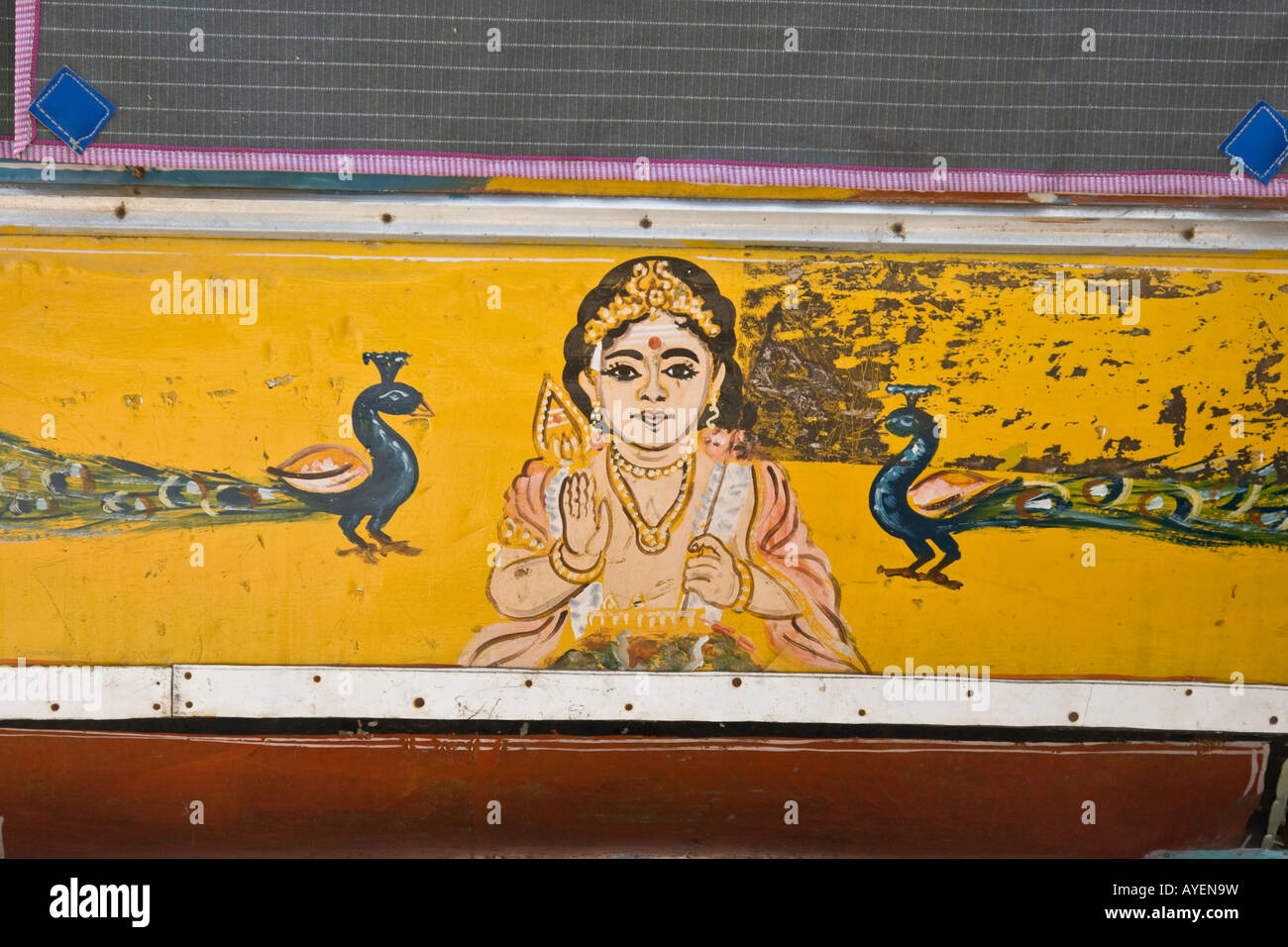 Painted Decoration on the Back of an Autorickshaw in Madurai South India Stock Photo