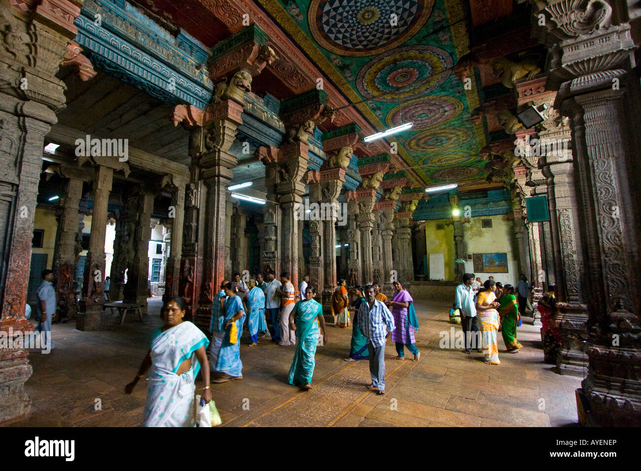 Hall Lined with Pilars Inside Sri Meenakshi Hindu Temple in Madurai South India Stock Photo