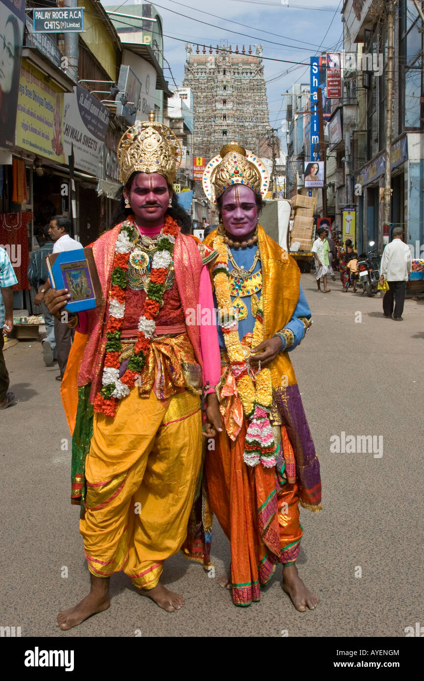 Couple in Hindu Costume in Front of Sree Meenakshi Hindu Temple in Madurai South India Stock Photo