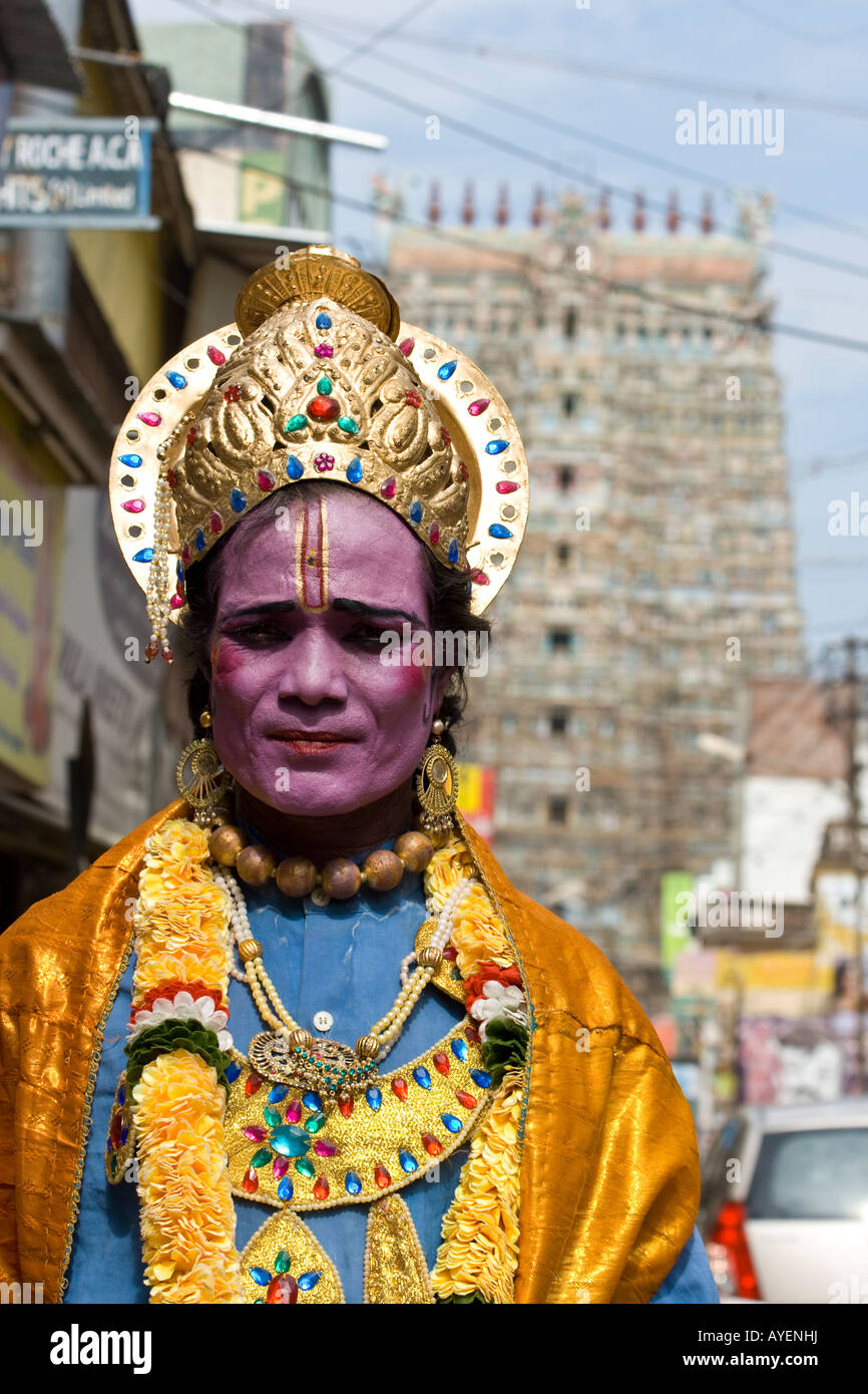 Man in Hindu Costume in Front of Sree Meenakshi Hindu Temple in Madurai South India Stock Photo
