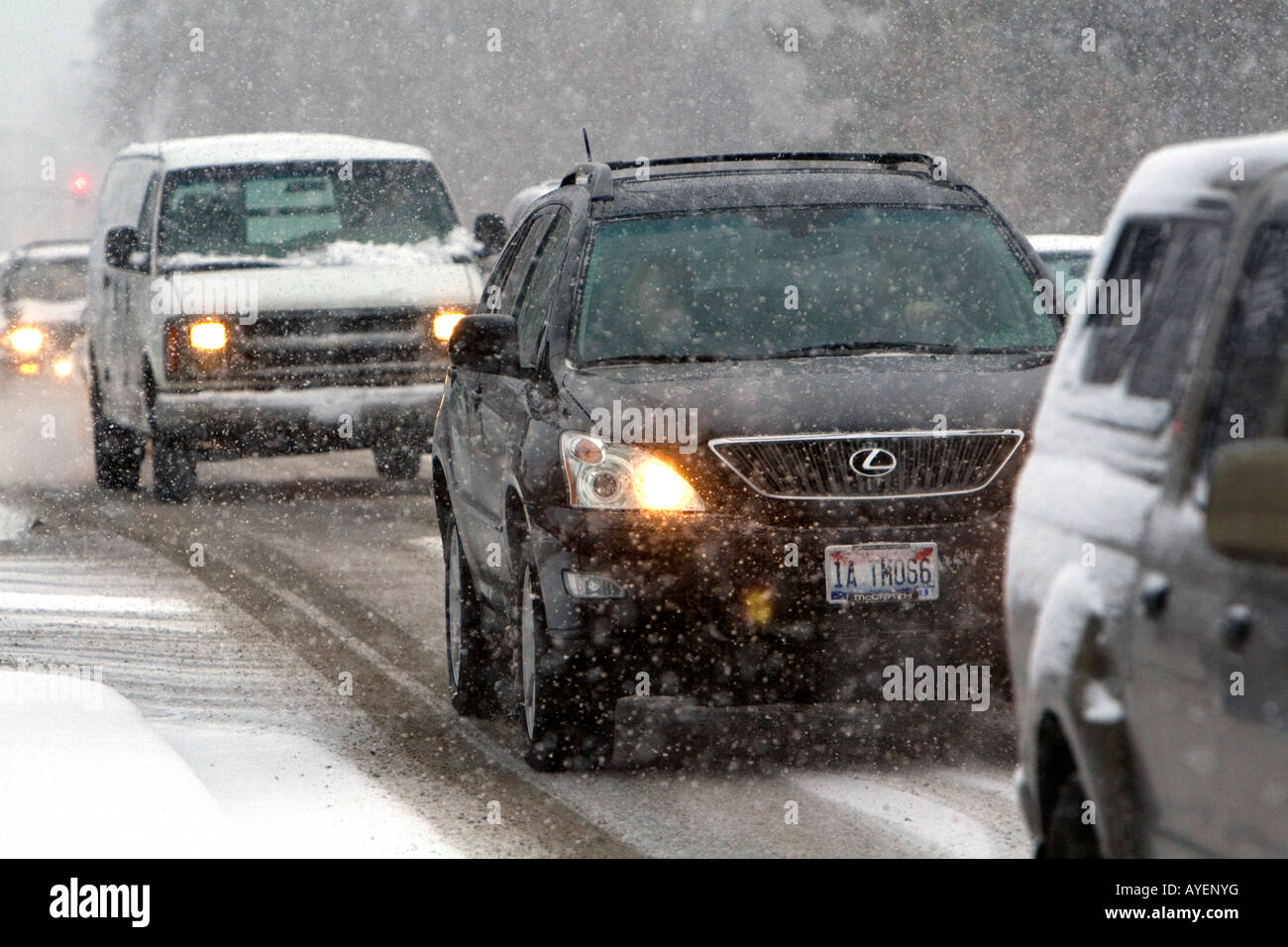 Traffic on a snowy day in Boise Idaho Stock Photo