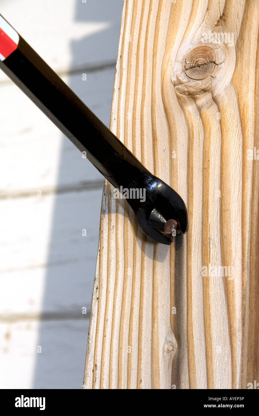 A cats paw crowbar pulling a nail out of a piece of wood Stock Photo