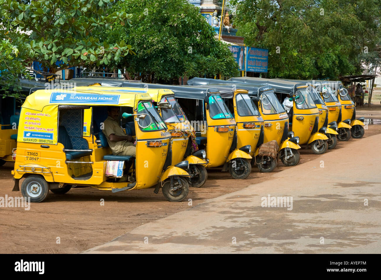 Row of Autorickshaws in Karaikkudi South India Stock Photo