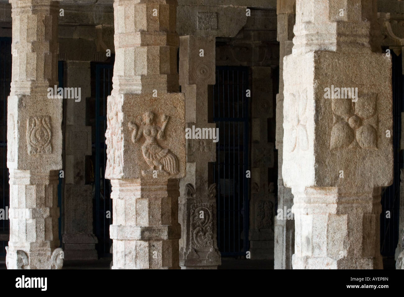 Carved Pilars inside Hindu Temple at the Fort in Tirumayam India in Tamil Nadu Stock Photo
