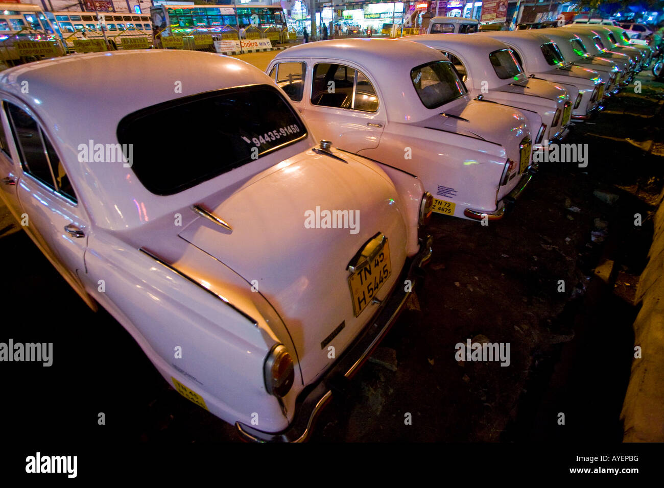 White Amassador Tourist Cars in Tiruchirappalli or Trichy South India Stock Photo