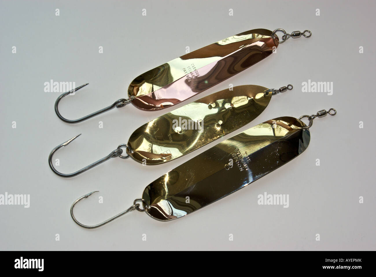 Gibbs large Clendon Stewart Dazzler and Stewart brass trolling spoons for  salmon Stock Photo - Alamy