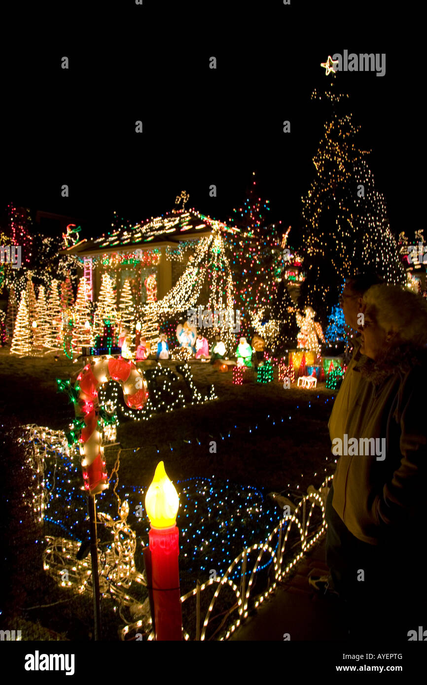 Visitors view a Christmas Season light display in Boise Idaho Stock