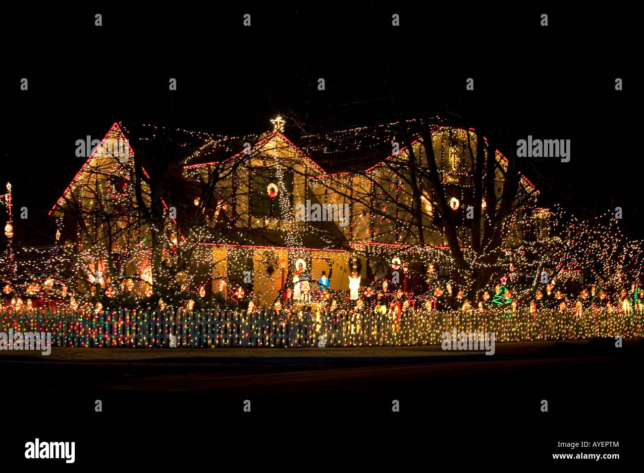 Holiday Season light display on a residential home in Boise Idaho Stock