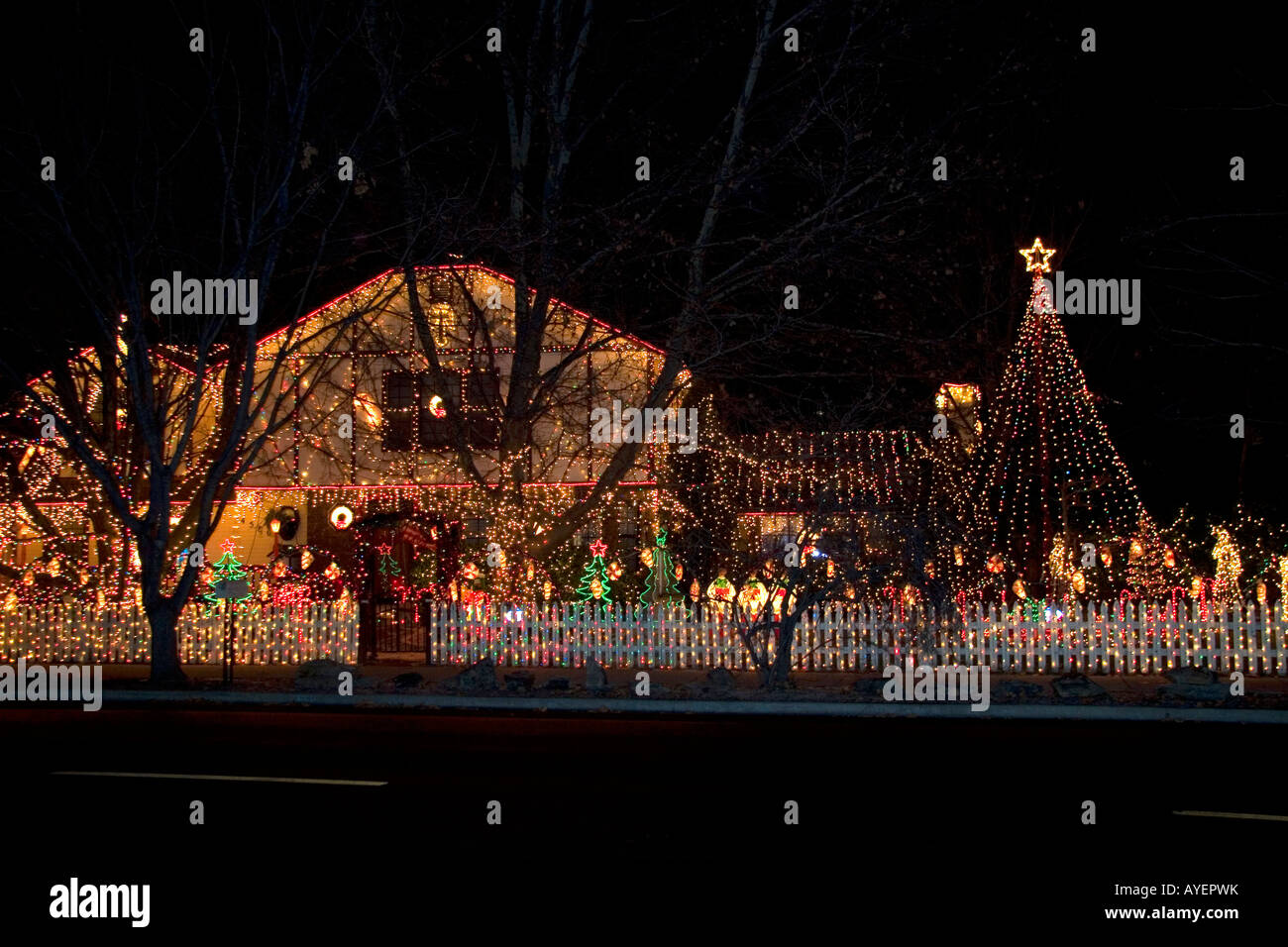 Holiday Season light display on a residential home in Boise Idaho Stock
