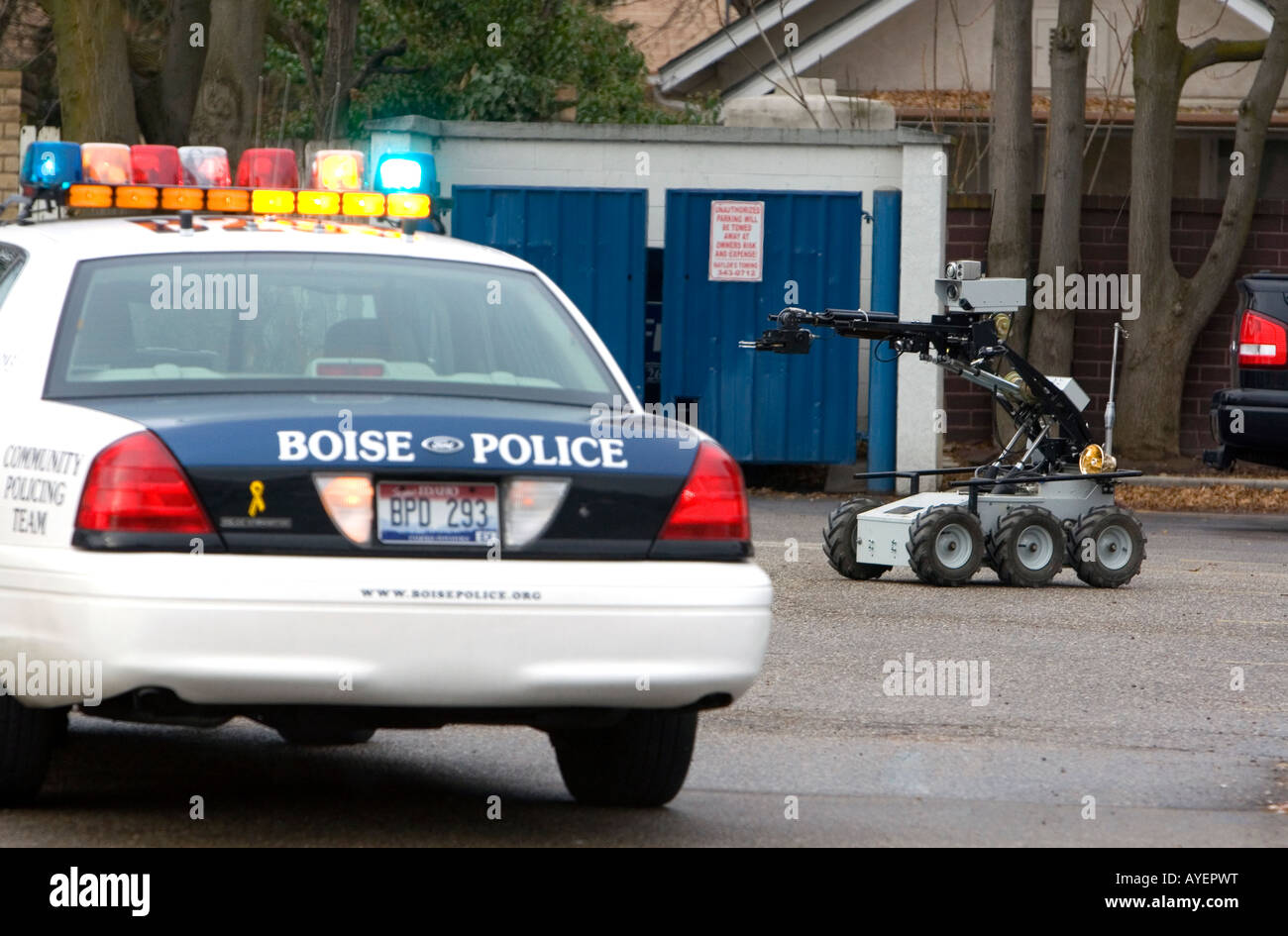 Remote bomb disposal robot being used by the Boise Police Department Bomb Squad in Boise Idaho Stock Photo