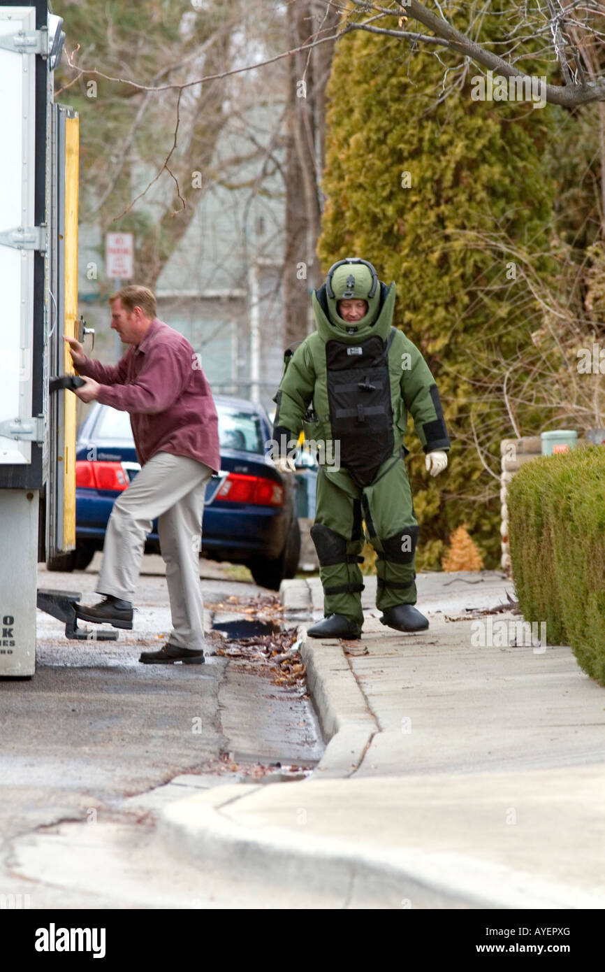 Boise Police Department Bomb Squad officer wearing personal protective equipment in Boise Idaho Stock Photo
