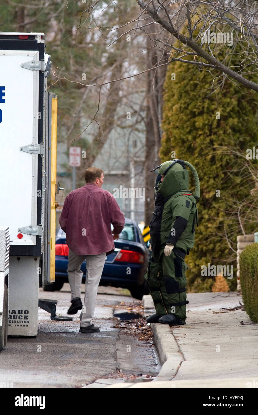 Boise Police Department Bomb Squad officer wearing personal protective equipment in Boise Idaho Stock Photo