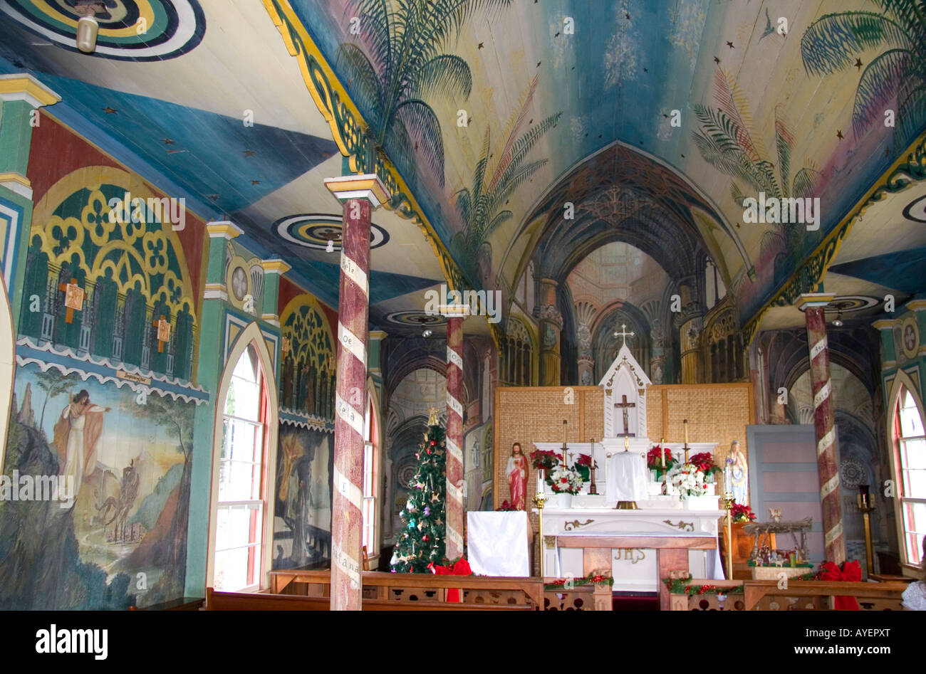 The painted interior of Saint Benedict Catholic Church located in Captin Cook on the Big Island of Hawaii Stock Photo