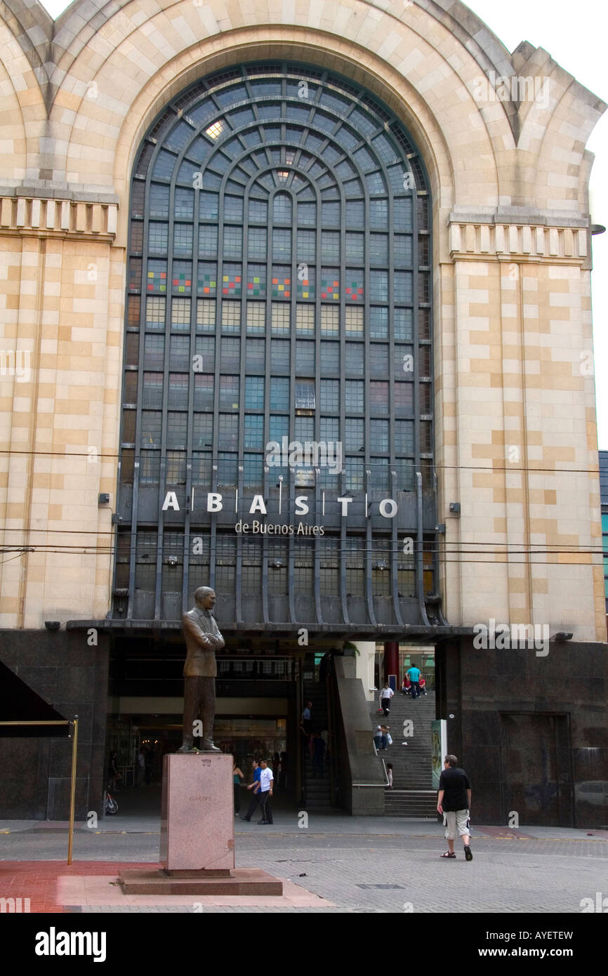 Exterior of the Abasto Shopping Centre with a statue of Carlos Gardel in Buenos Aires Argentina Stock Photo