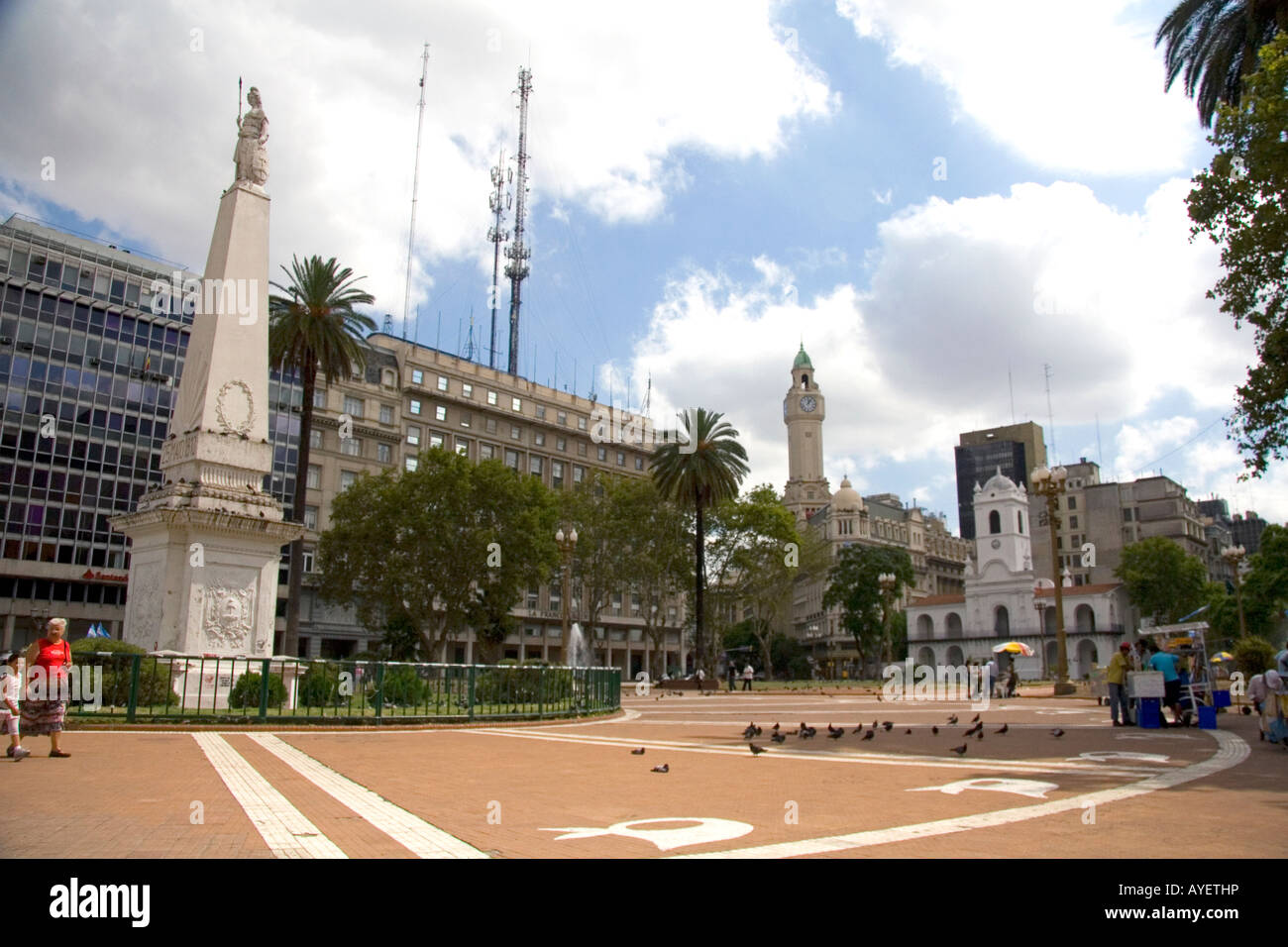 The Piramide de Mayo national monument and the Cabildo located in the Plaza de Mayo in Buenos Aires Argentina Stock Photo