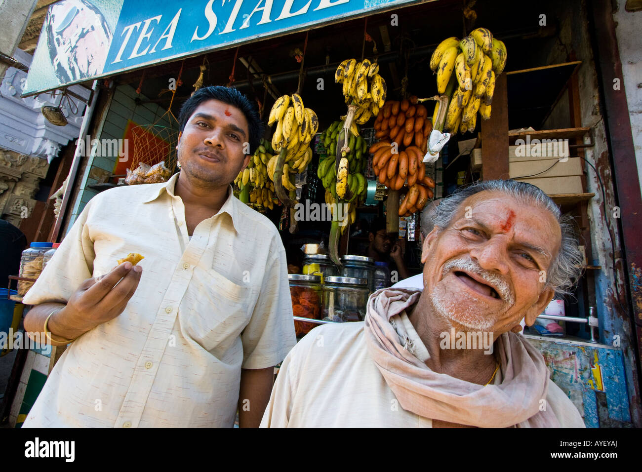 Indian Men in front of a Tea Stall in Kanyakumari South India Stock Photo