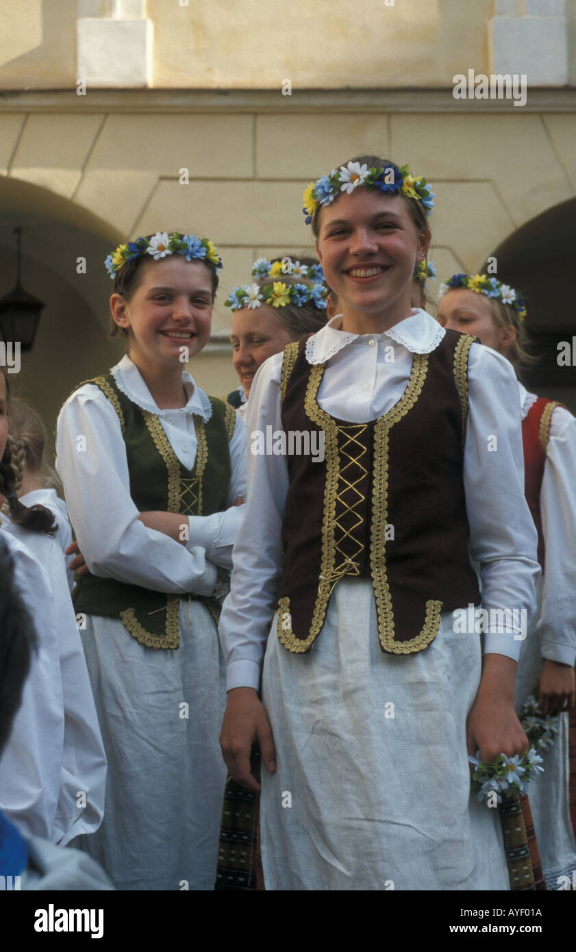 Lithuania Vilnius girls in national dress at a summer festival Stock