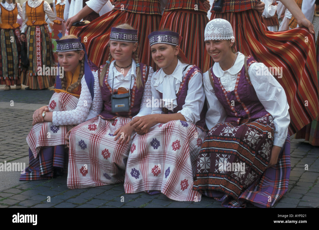 Lithuania Vilnius girls in national dress at a summer festival Stock