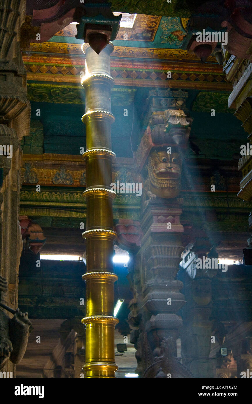 Golden Flastaff Inside Sri Meenakshi Hindu Temple in Madurai South India Stock Photo