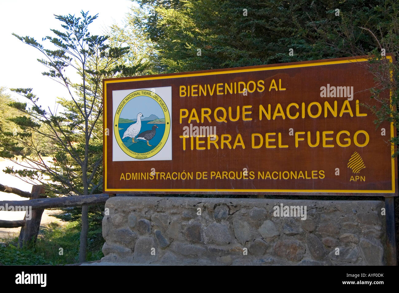 Sign welcoming you to the Tierra del Fuego National Park near Ushuaia Argentina Stock Photo