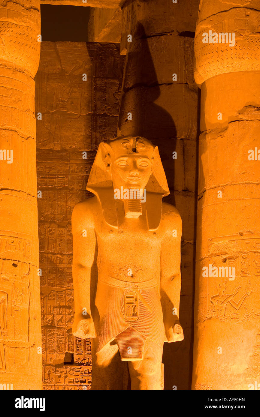 Statue of Ramses II Great court Luxor temple at night Luxor Nile valley ...