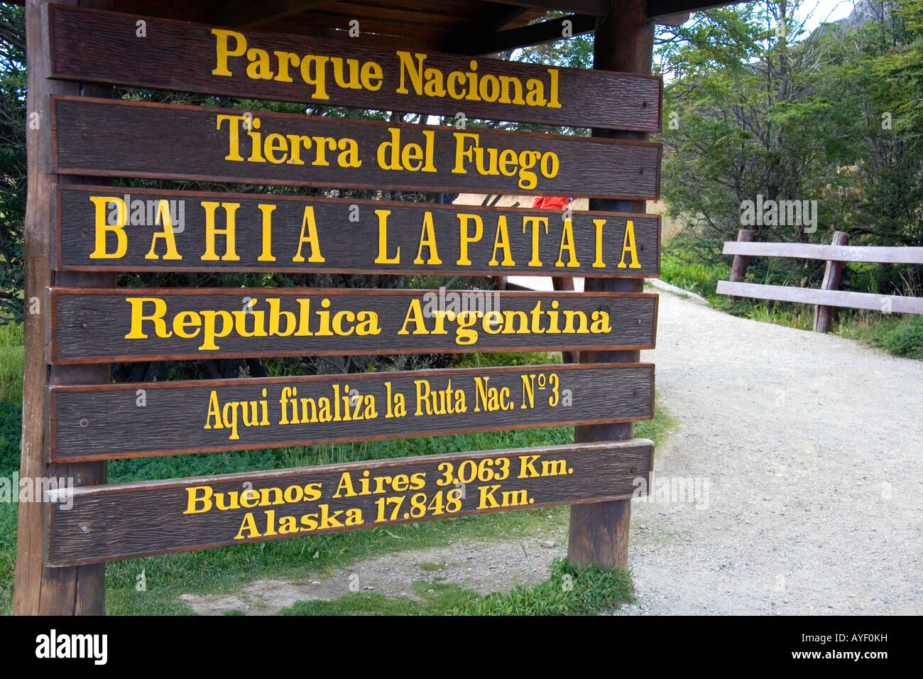 The Bahia Lapataia trailhead marking the end of the Pan American road in Tierra del Fuego National Park Argentina Stock Photo