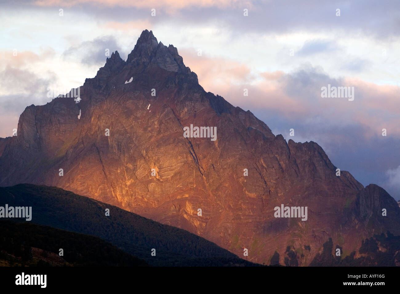 The Martial mountain range peak at sunset in Ushuaia Tierra del Fuego Argentina Stock Photo