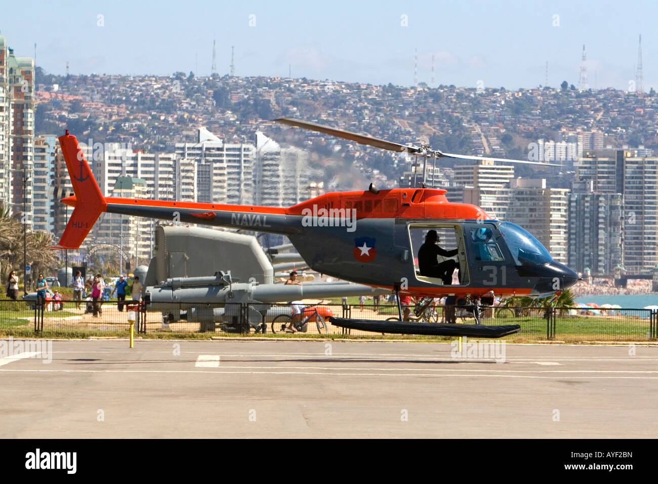 Naval helicopter of the armada de Chile taking off at Vina del Mar