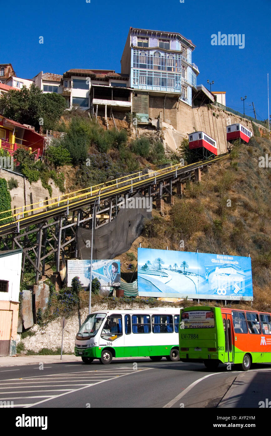 Tram like vehicles are part of a funicular railway at Valparaiso Chile Stock Photo