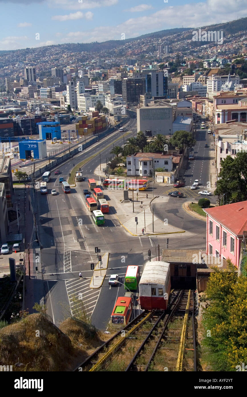Tram like vehicle is part of a funicular railway at Valparaiso Chile Stock Photo