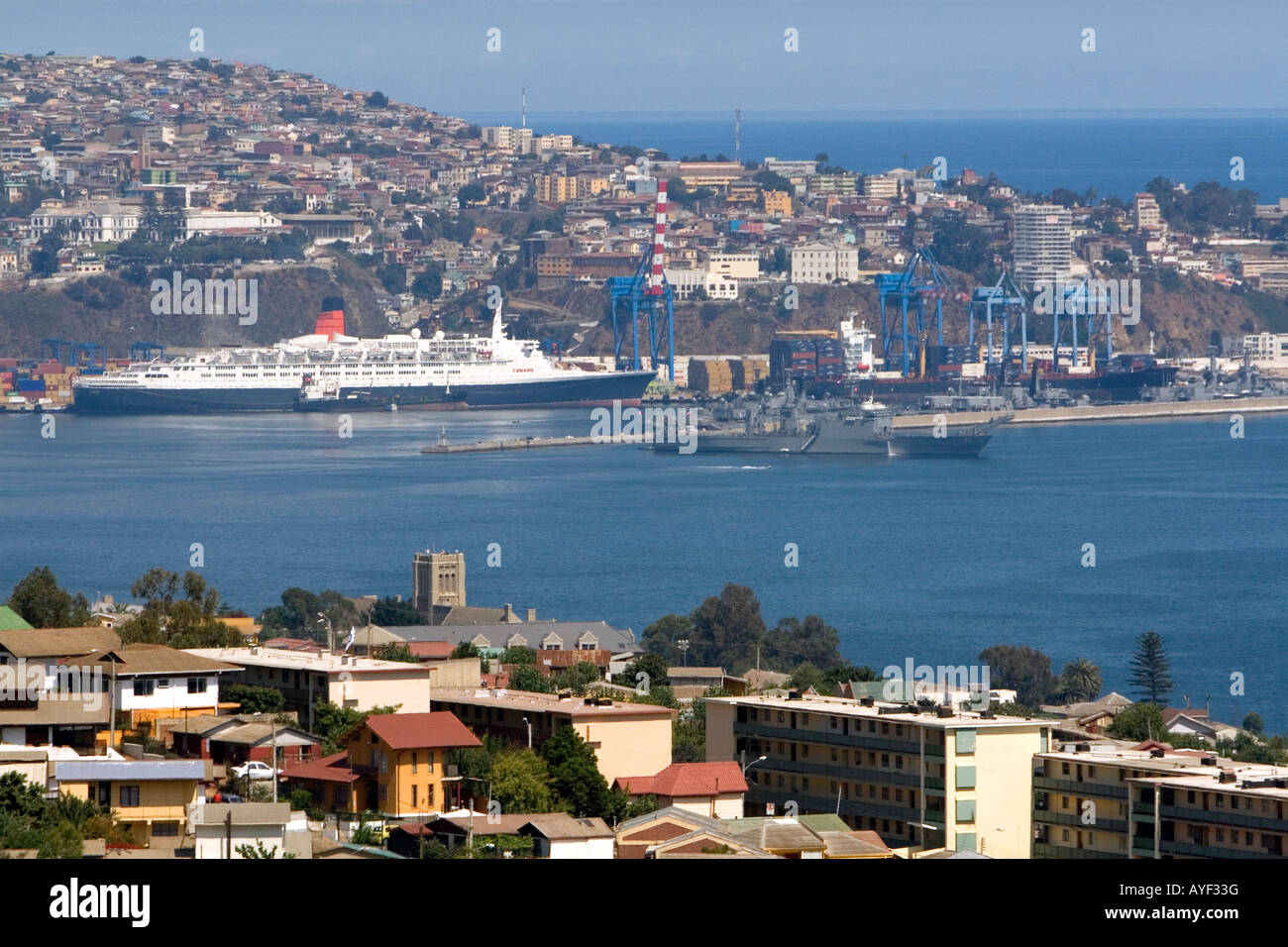 Queen Elizabeth II cruise ship docked in the Port at Valparaiso Chile Stock Photo