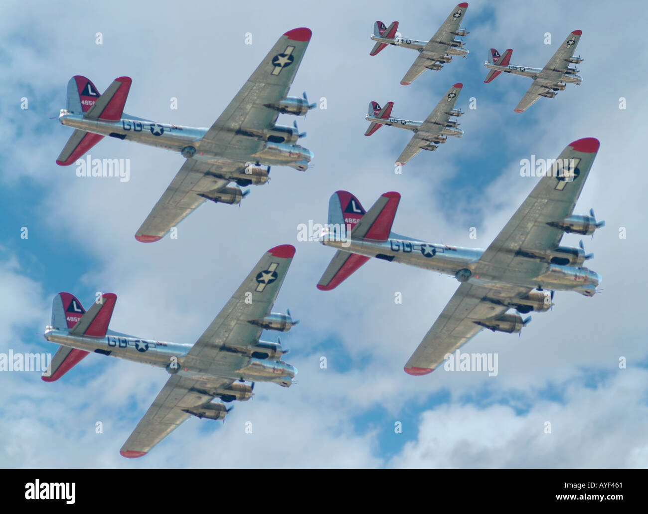 A squadron of WWII B 52 bombers flying overhead Stock Photo