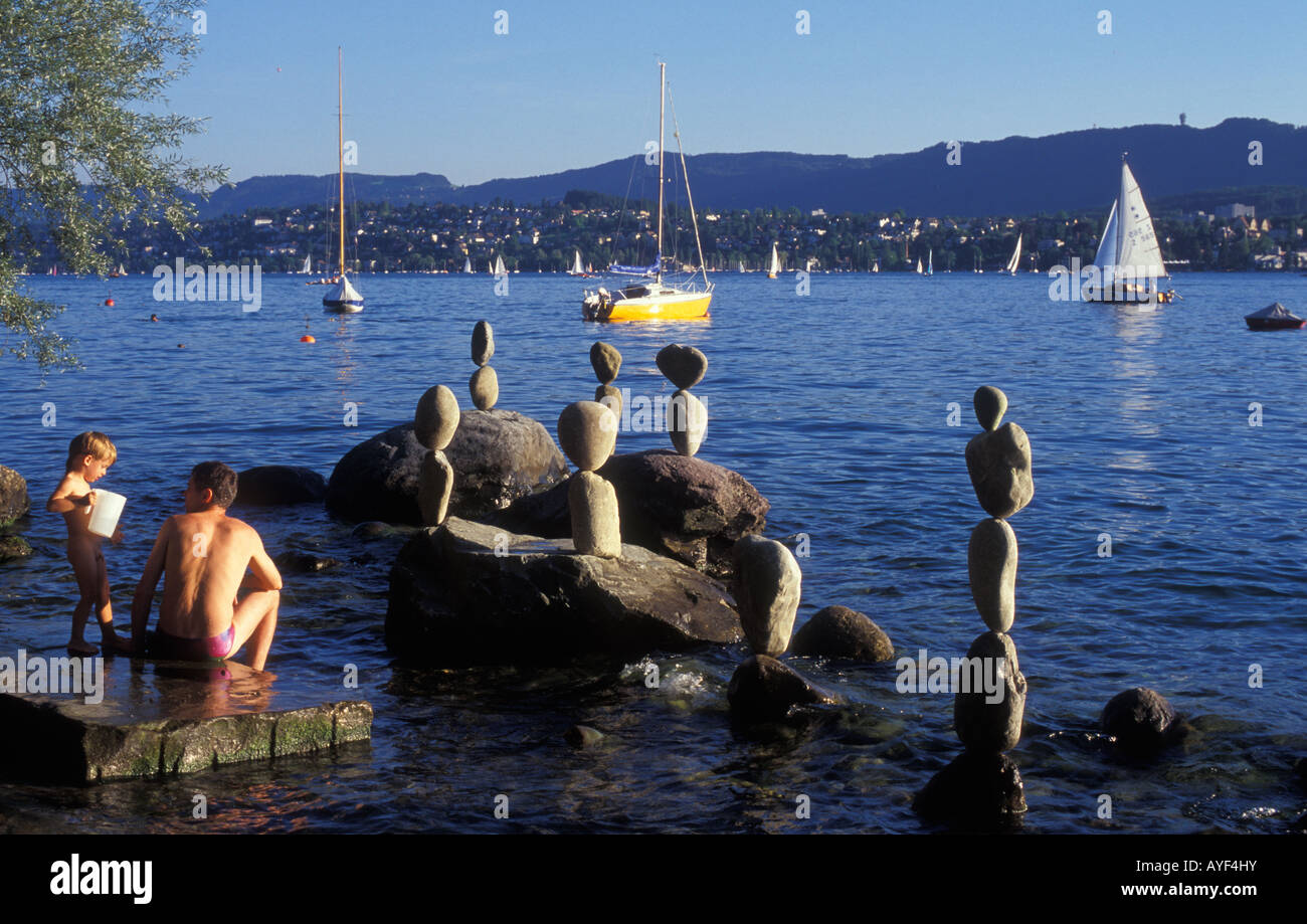 Cairns at the bank of Seefeld Quai quay in Zurich Switzerland Stock Photo