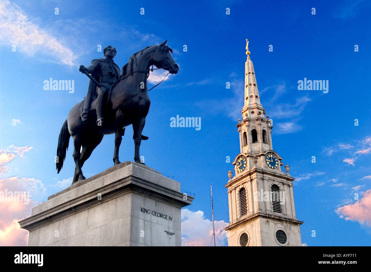 king; george; statue; st martins; church; trafalgar; square; london; england; uk;st; saint; martin; martins; horse; royal; Stock Photo