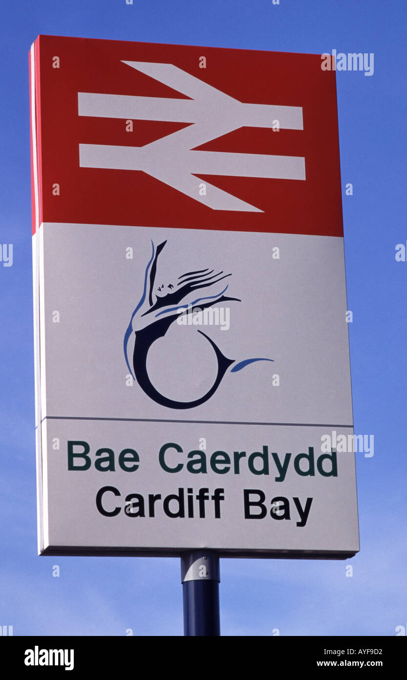 UK Wales Cardiff Cardiff Bay Railway Station Sign Stock Photo