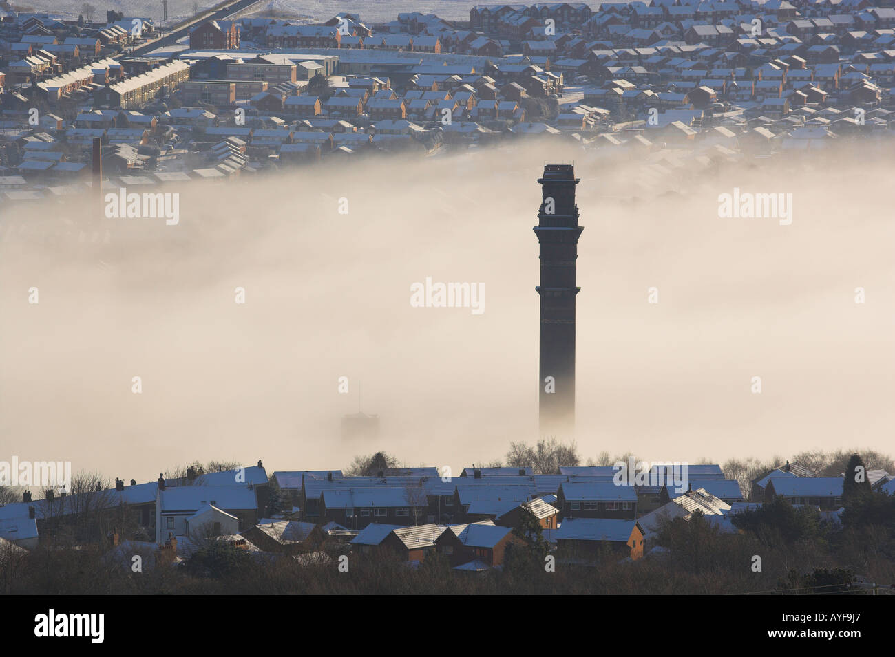 India Mill chimney and cloud inversion over Darwen winter and snow ...